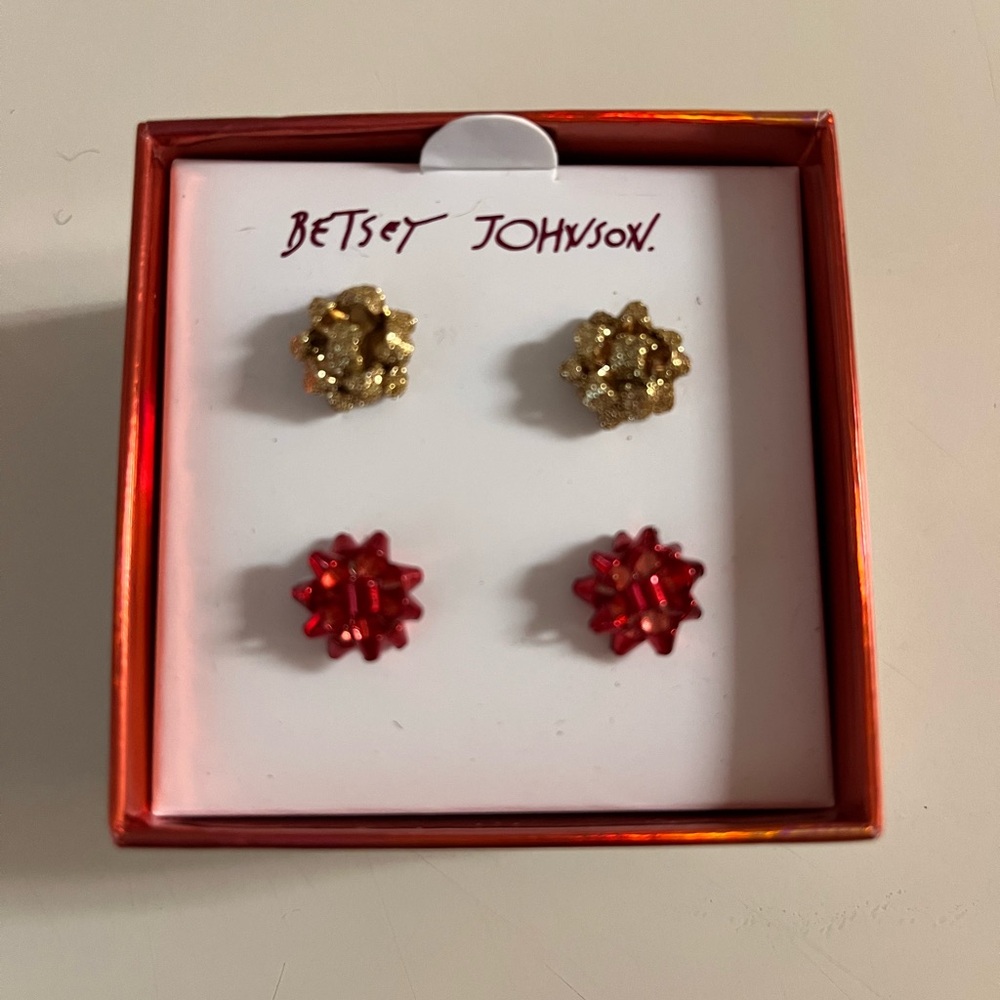 Betsey Johnson Gold and Red Christmas Bows Earrings Set